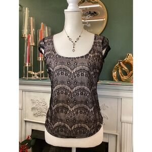 bebe Lace Cap Sleeve Top XS Black Sheer Chiffon Back Scoop Neck